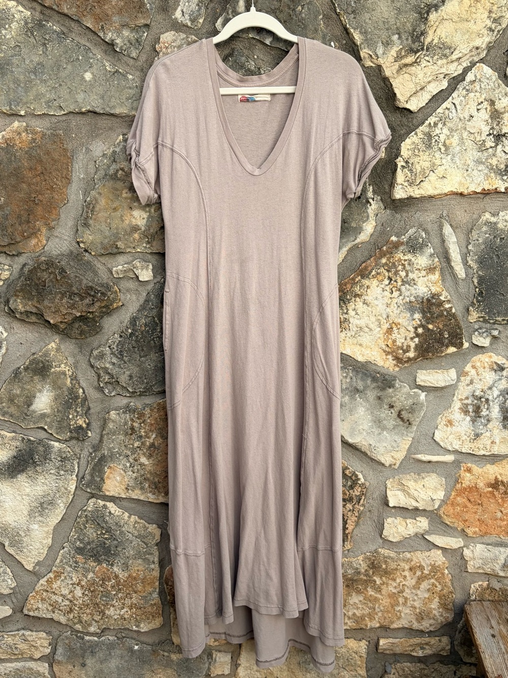 FREE PEOPLE Beach Comfy Cotton Relaxed V-Neck Taupe Maxi Dress SMALL
